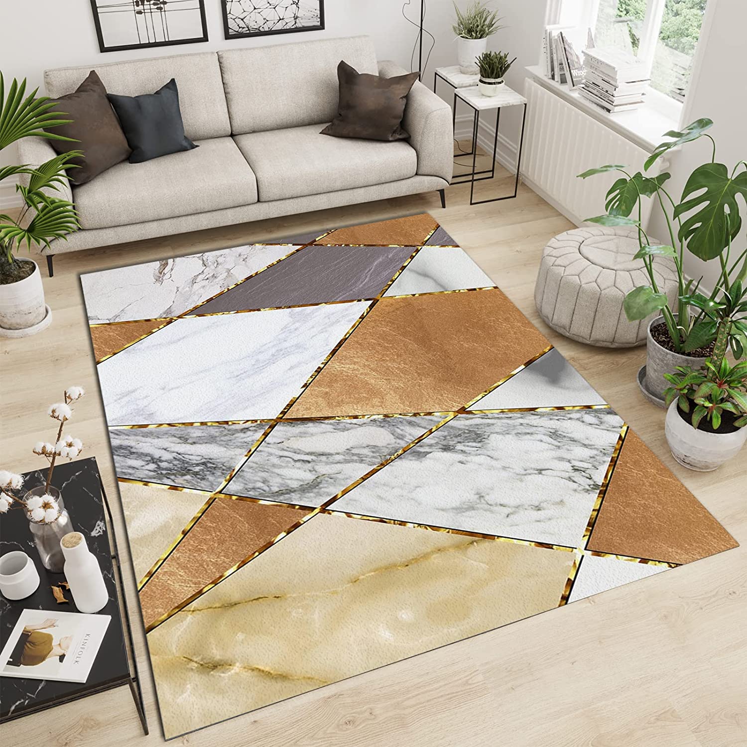 Minimalist Modern 70s Style White Grey Brown Marble Texture Area Rug