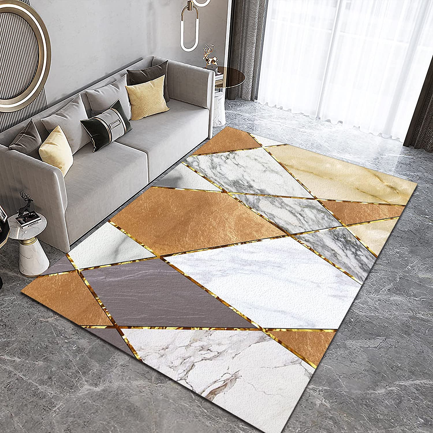 Minimalist Modern 70s Style White Grey Brown Marble Texture Area Rug - Image 2
