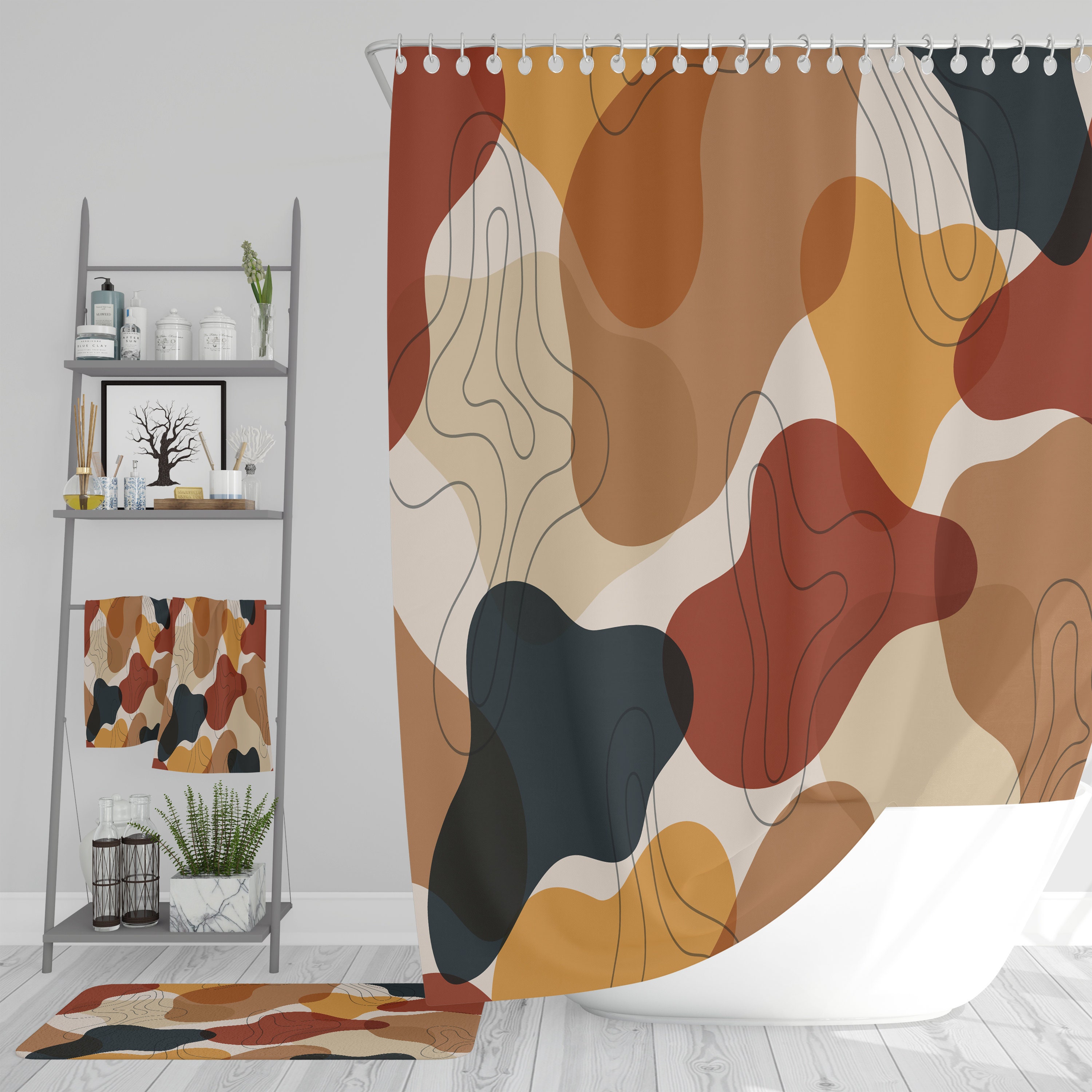 Minimalist Moderrn Abstract Shower Curtain with Optional Matching Bath Mat and Towel Options for Modern Bathroom