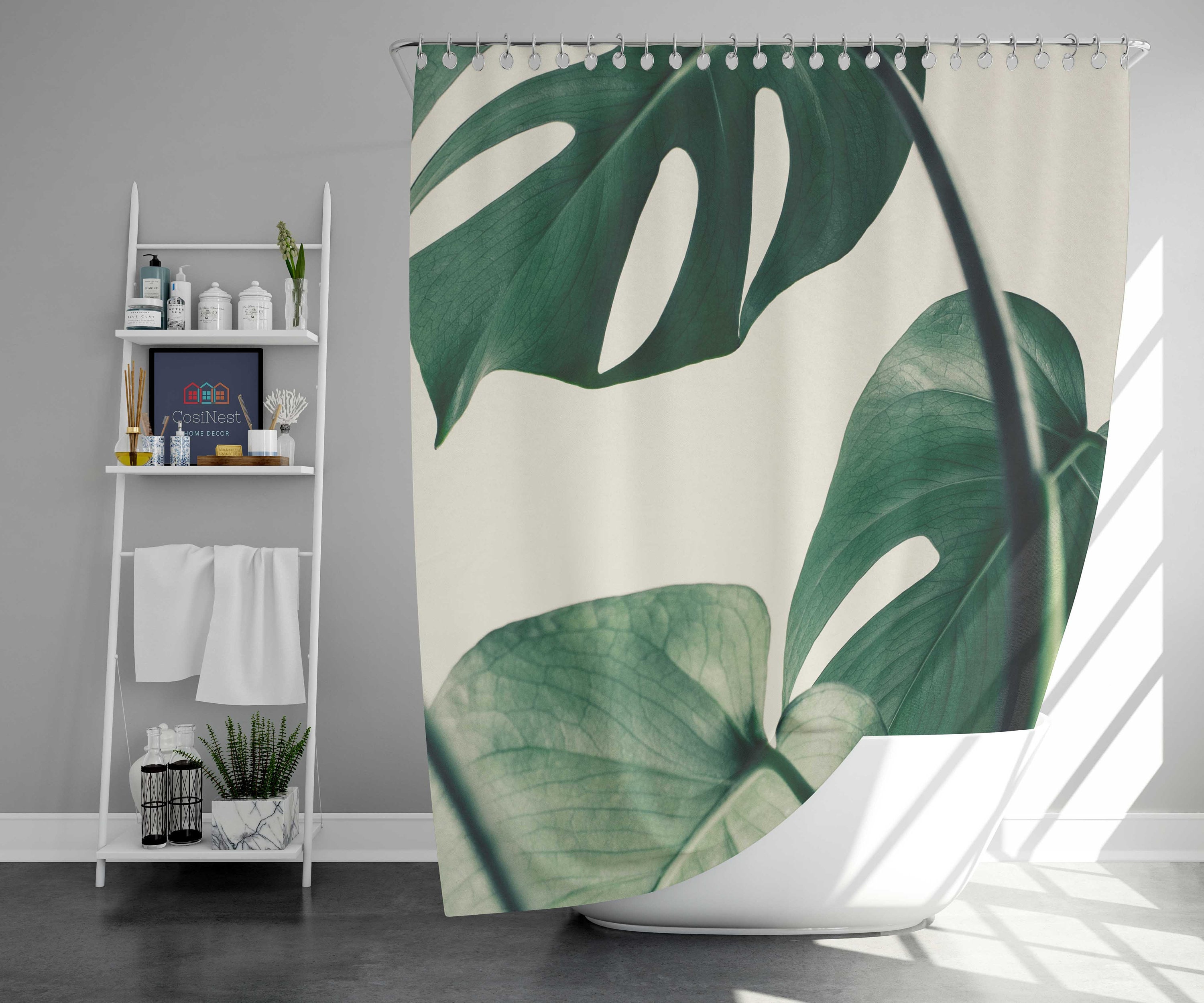 Minimalist Monstera Shower Curtain | Botanical Green Simple Fabric | Home Bath Decor | Nature Theme | House Warming Gift