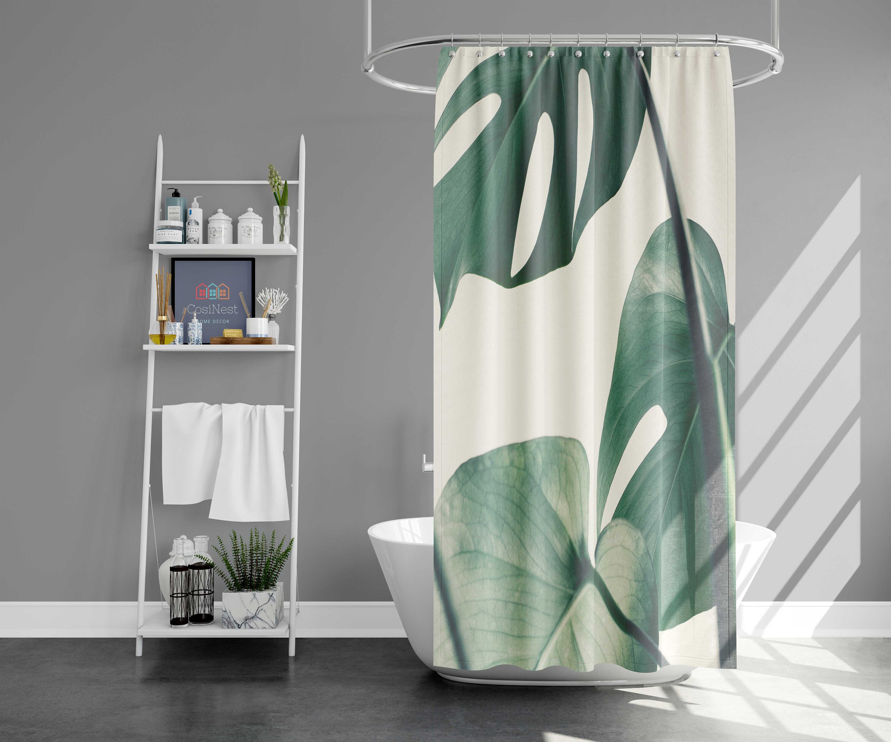 Minimalist Monstera Shower Curtain | Botanical Green Simple Fabric | Home Bath Decor | Nature Theme | House Warming Gift - Image 2