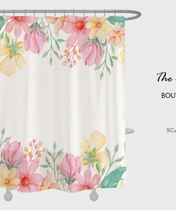 Minimalist Pink Flowers Shower Curtain, Plant Floral Bathroom Decor with Waterproof Washable Bath Curtain