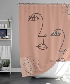 Minimalist Simple Women Portrait Line Drawing Pink Fabric Bathroom Curtain, Woman Face Shower Curtain for Retro Home