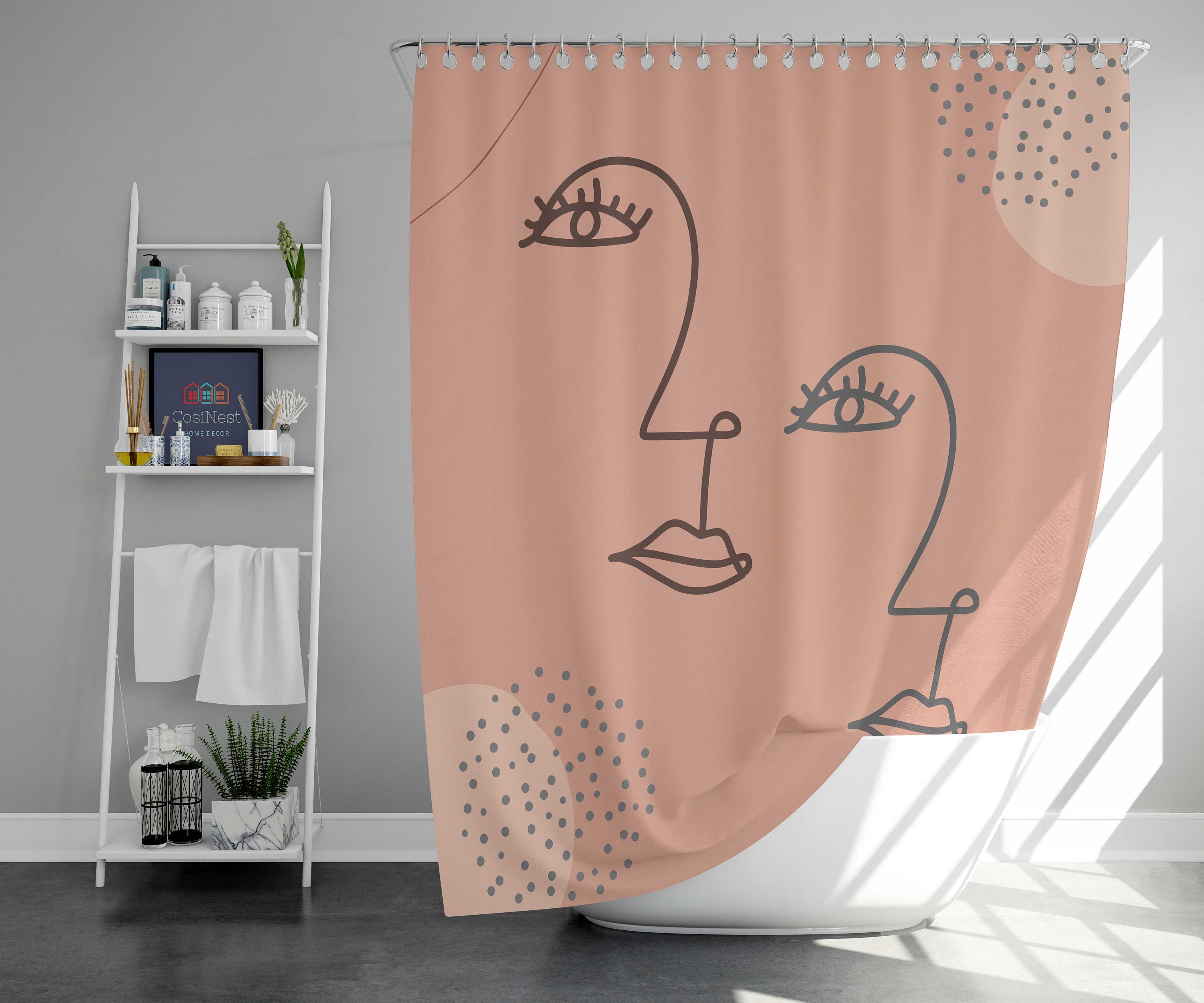 Minimalist Simple Women Portrait Line Drawing Pink Fabric Bathroom Curtain, Woman Face Shower Curtain for Retro Home