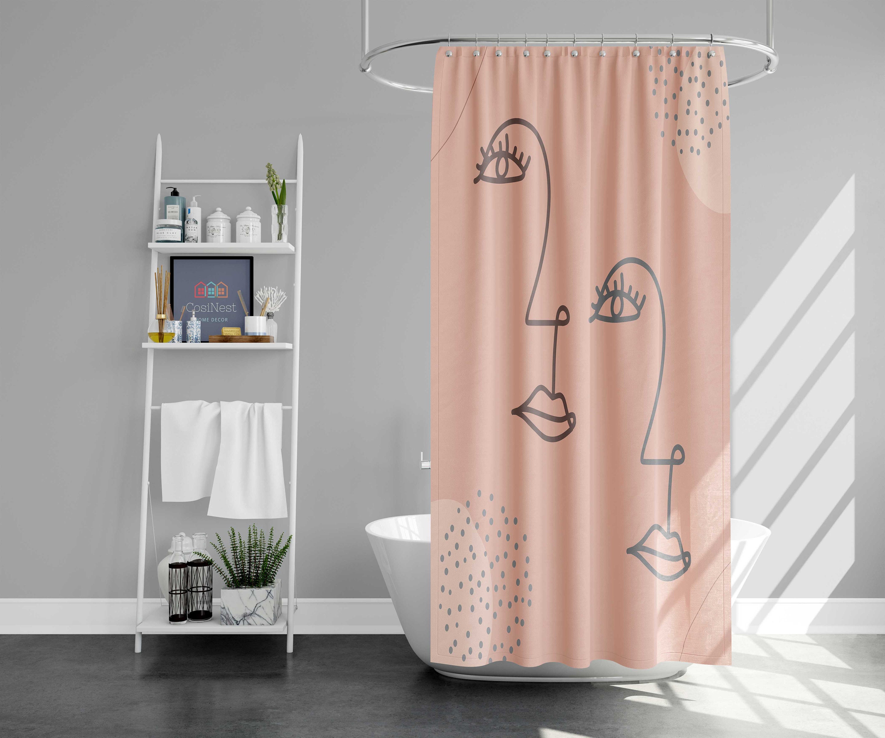 Minimalist Simple Women Portrait Line Drawing Pink Fabric Bathroom Curtain, Woman Face Shower Curtain for Retro Home - Image 2