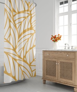 Minimalist Tropical Leaf Shower Curtain, Mid-Century Modern Bath Decor, Abstract Yellow Botanical Foliage