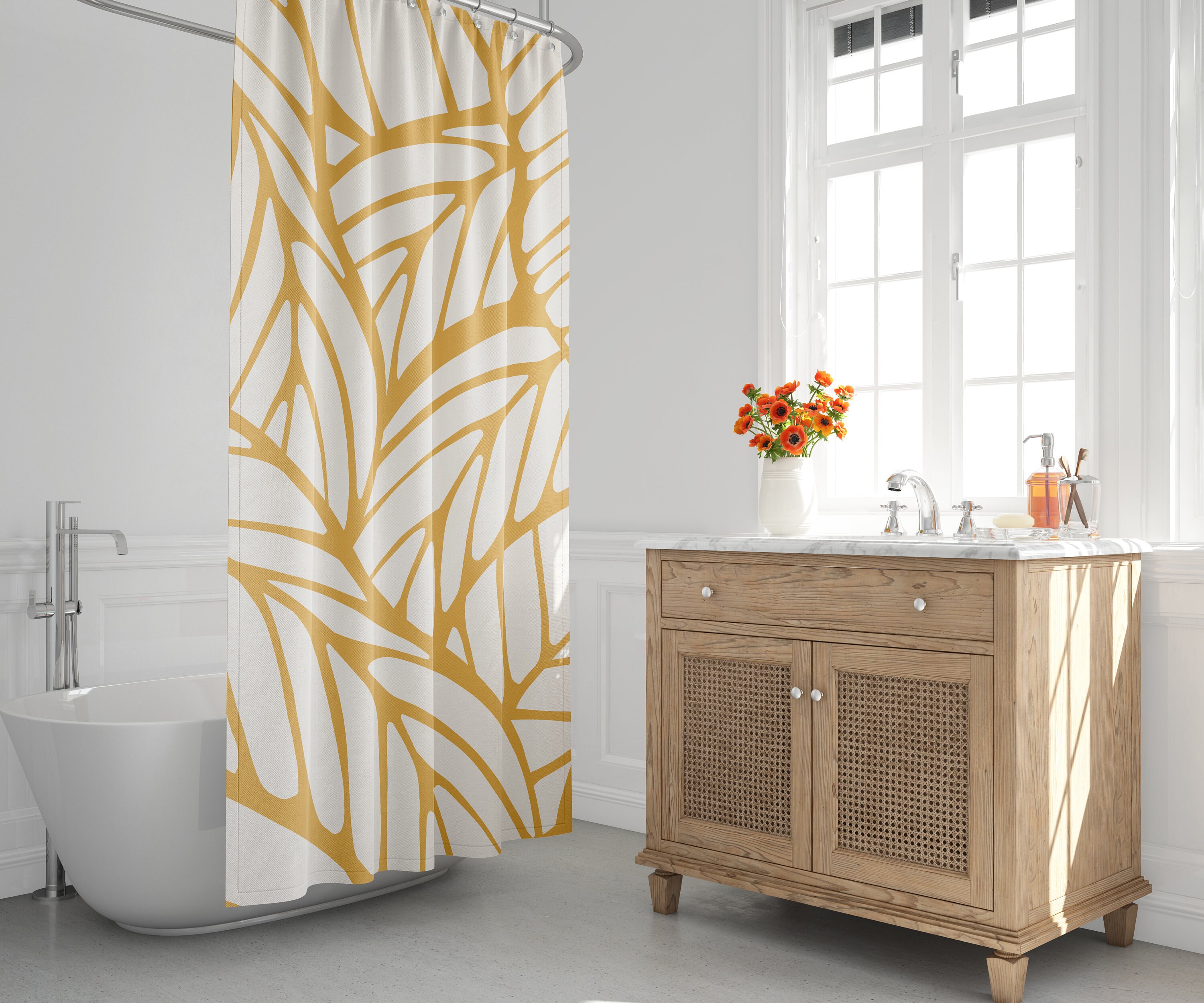 Minimalist Tropical Leaf Shower Curtain, Mid-Century Modern Bath Decor, Abstract Yellow Botanical Foliage