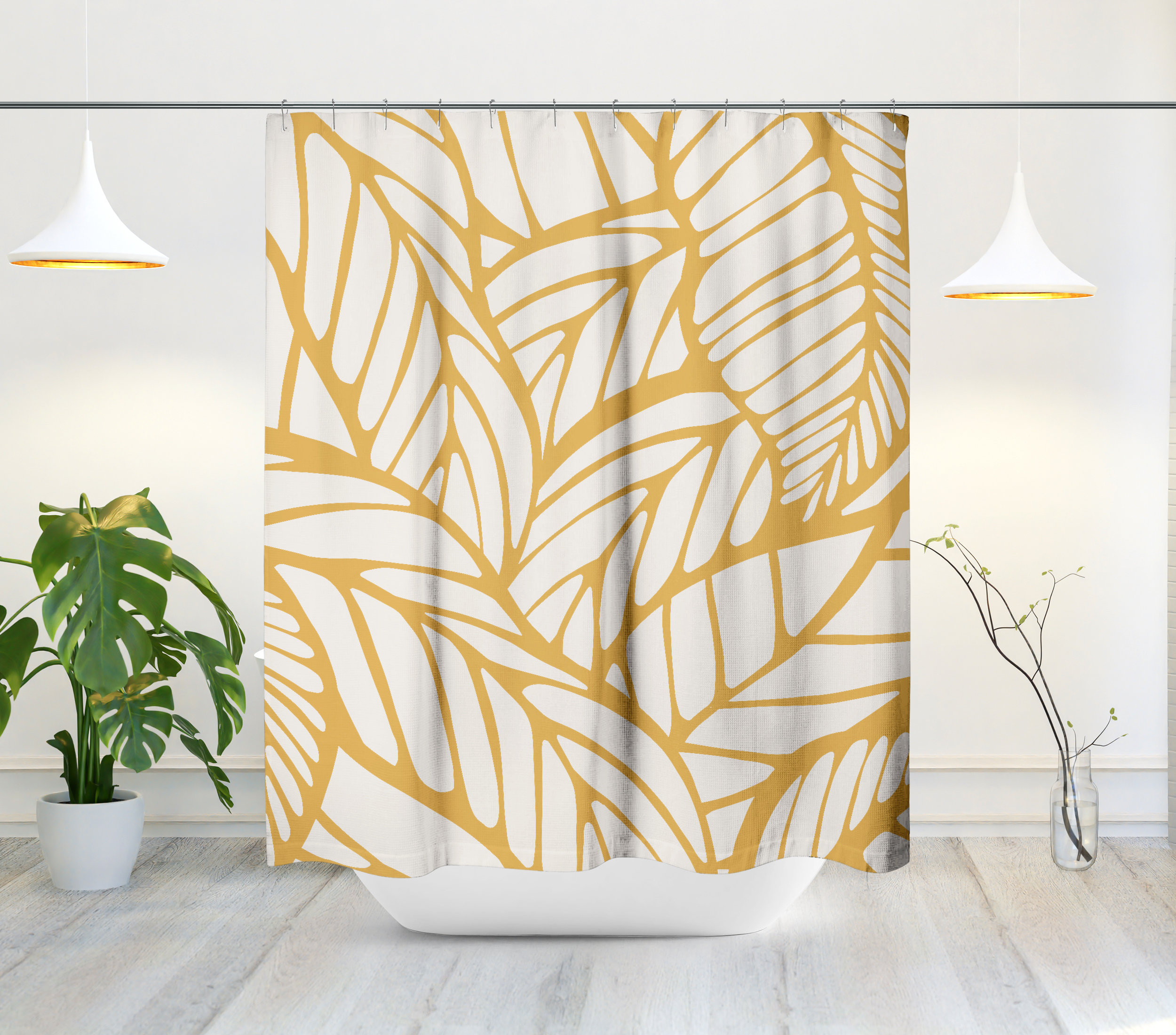 Minimalist Tropical Leaf Shower Curtain, Mid-Century Modern Bath Decor, Abstract Yellow Botanical Foliage - Image 2