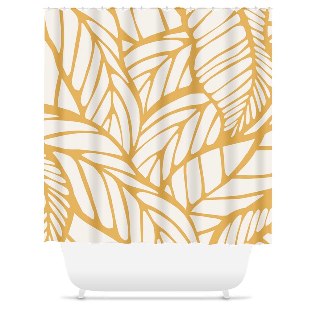 Minimalist Tropical Leaf Shower Curtain, Mid-Century Modern Bath Decor, Abstract Yellow Botanical Foliage - Image 3