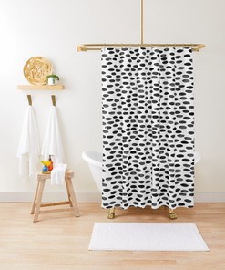 Minimalist White and Black Abstract Shower Curtain with Shapes - Eco-Friendly, Waterproof and Includes Hooks