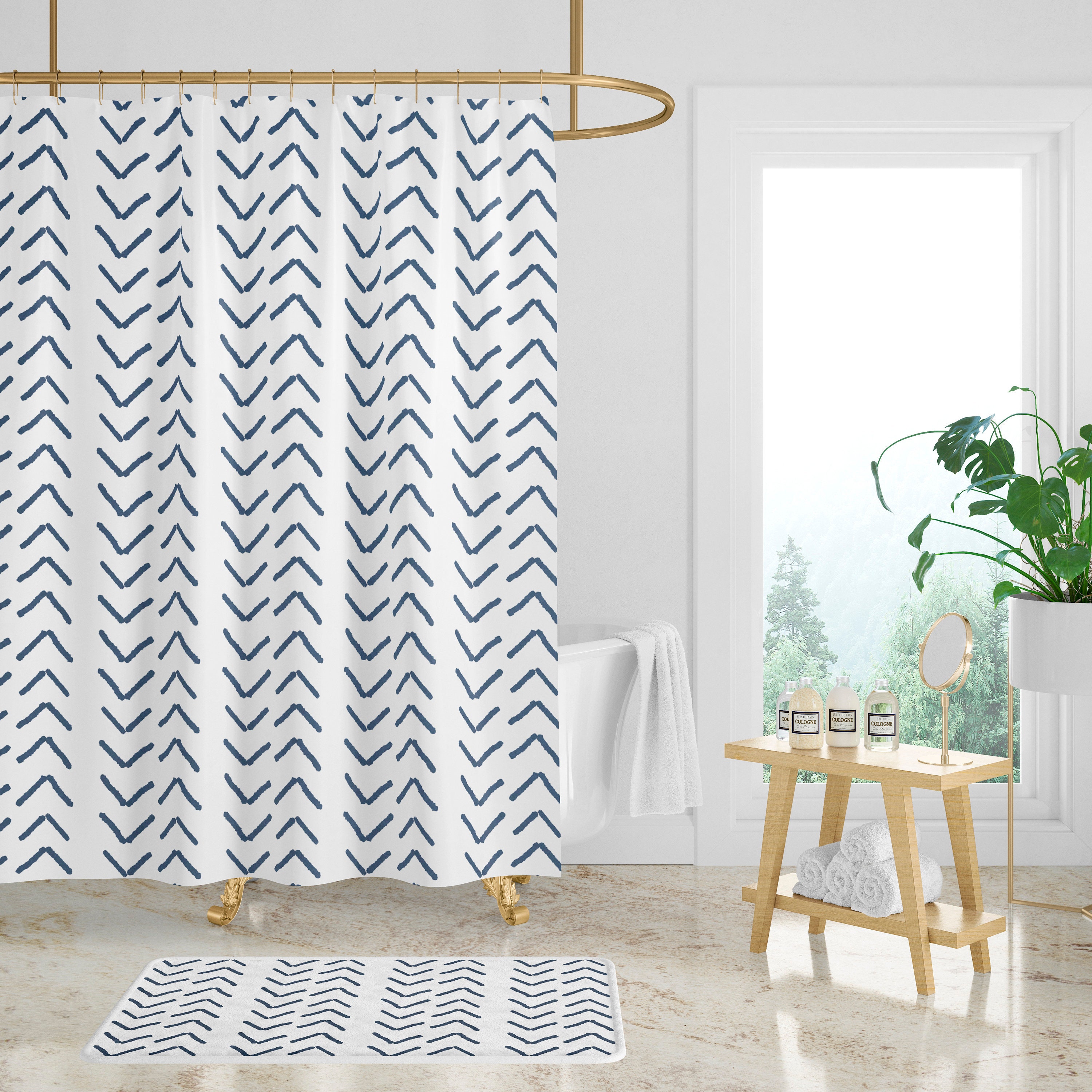 Minimalist White and Mudcloth Print Shower Curtain, Add Understated Elegance to Your Bathroom