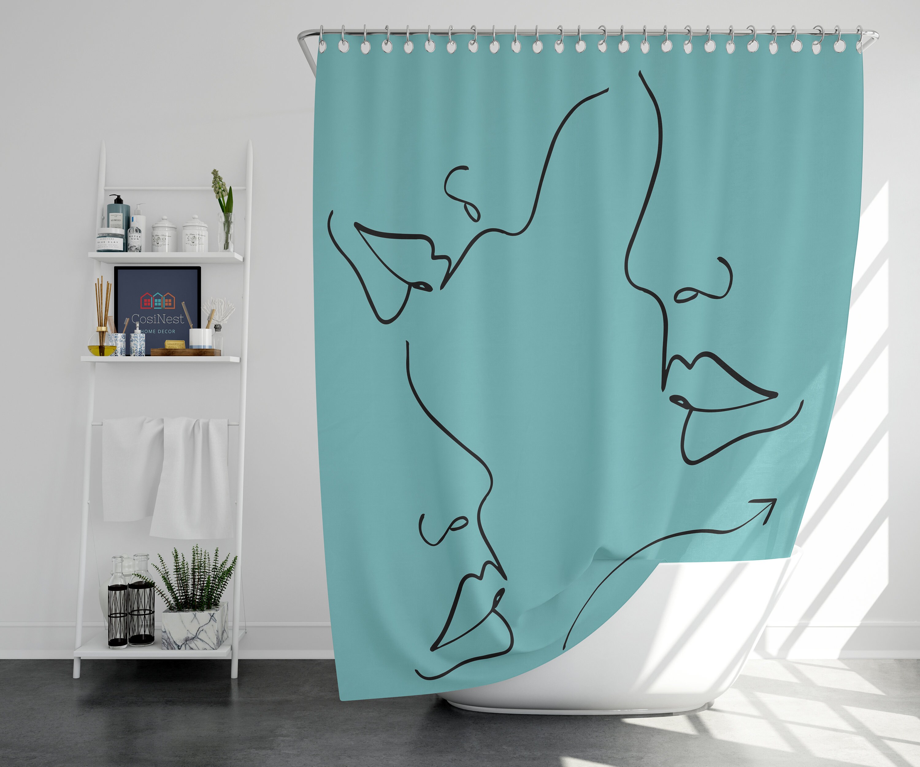 Minimalist Woman Face Shower Curtain | Female Silhouette Line Drawing, Home Bath Decor | Housewarming Gift