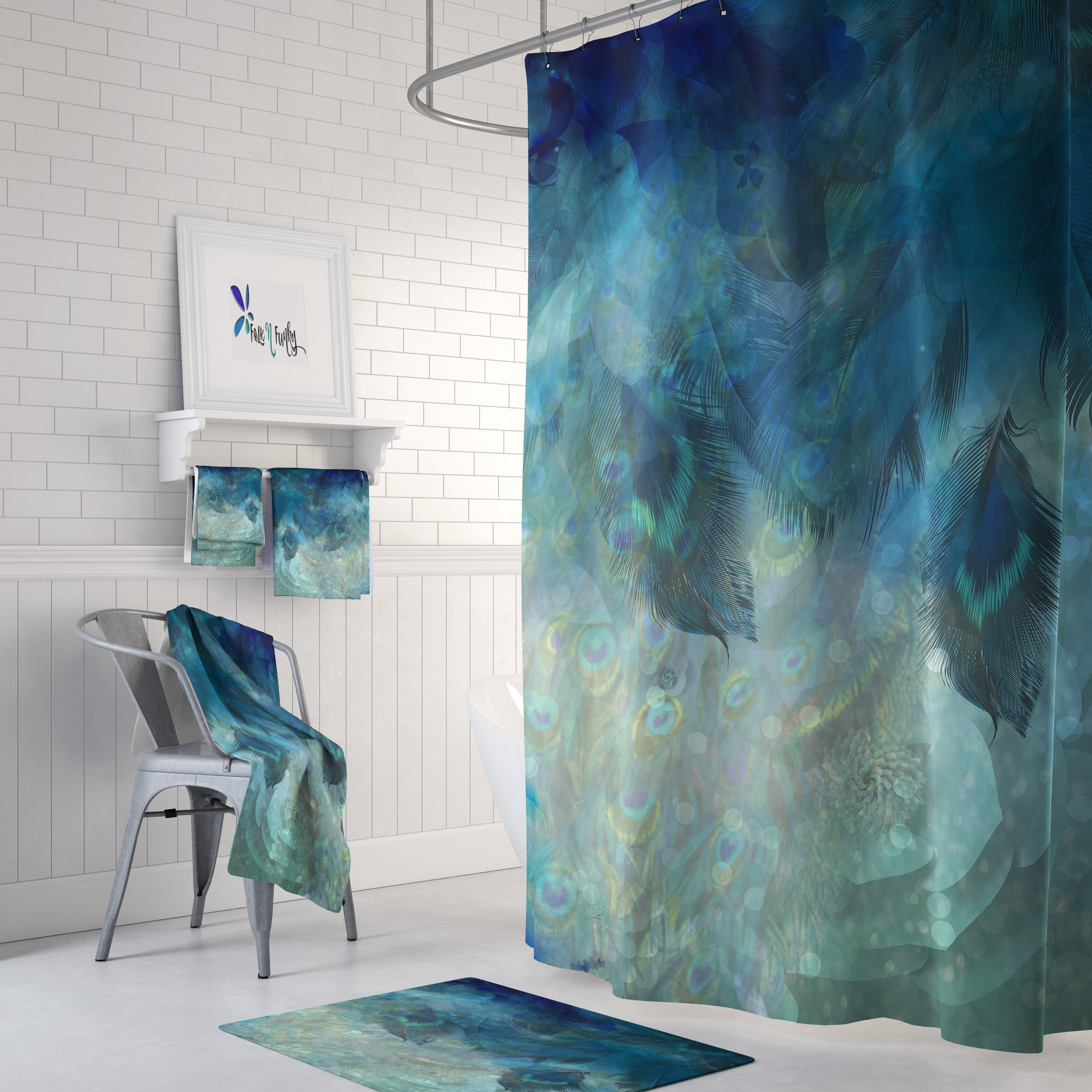 Misty Peacock Feather Shower Curtain with Matching Towels and Bath Mat