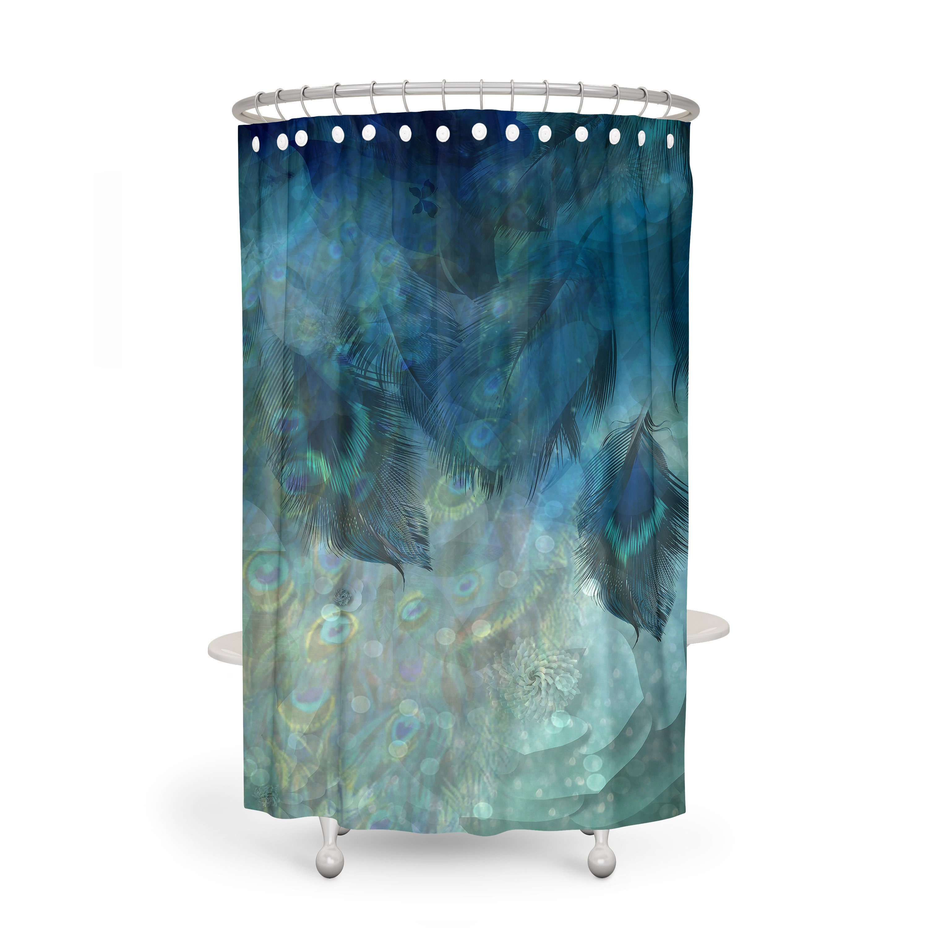 Misty Peacock Feather Shower Curtain with Matching Towels and Bath Mat - Image 2