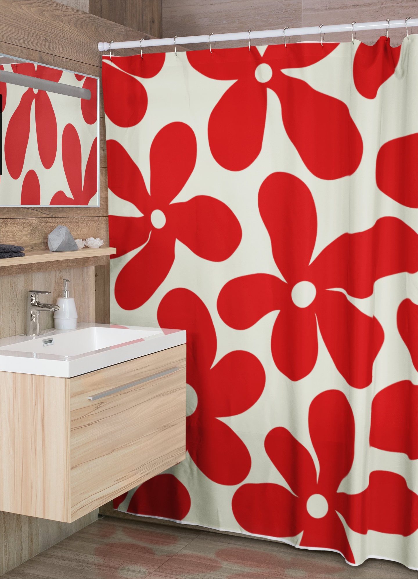 Mod Boho 1970's Flower Shower Curtain, Groovy Retro Bathroom Decor, Unique Bathroom Accessory