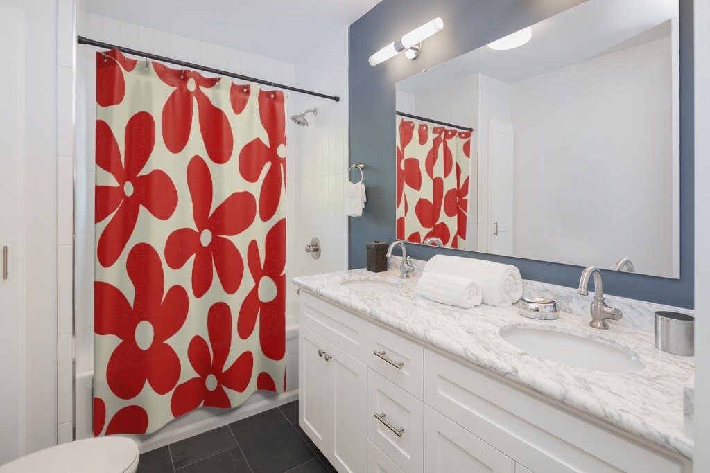Mod Boho 1970's Flower Shower Curtain, Groovy Retro Bathroom Decor, Unique Bathroom Accessory - Image 3
