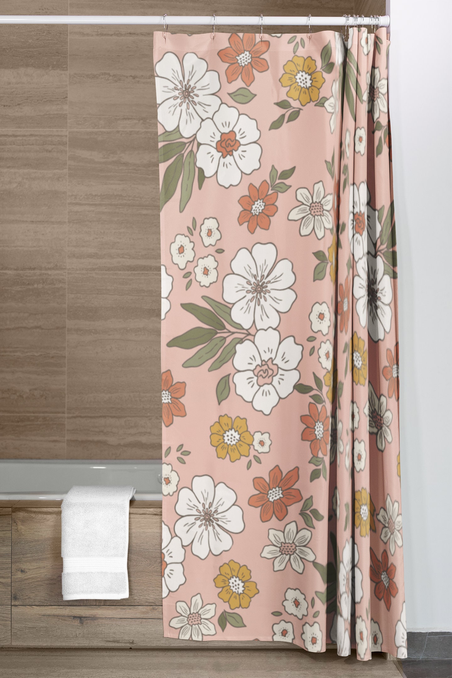 Mod Boho 1970's Flower Shower Curtain, Groovy Retro Bathroom Decor, Unique Bathroom Accessory - Image 4