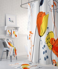 Mod Floral Shower Curtain - Contemporary Fabric Bath Curtain with Optional Towels and Mat for Modern Bathroom Decor