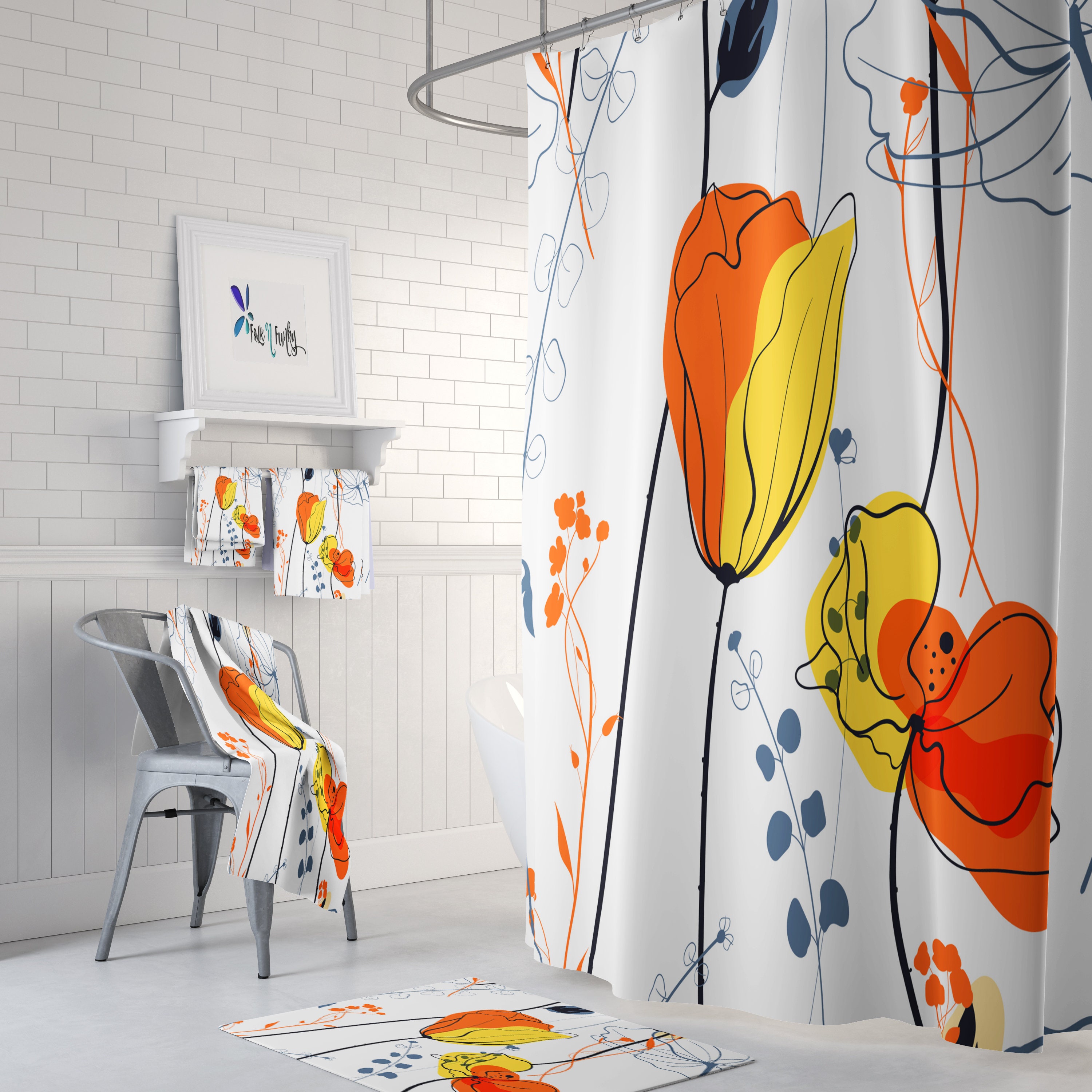Mod Floral Shower Curtain - Contemporary Fabric Bath Curtain with Optional Towels and Mat for Modern Bathroom Decor