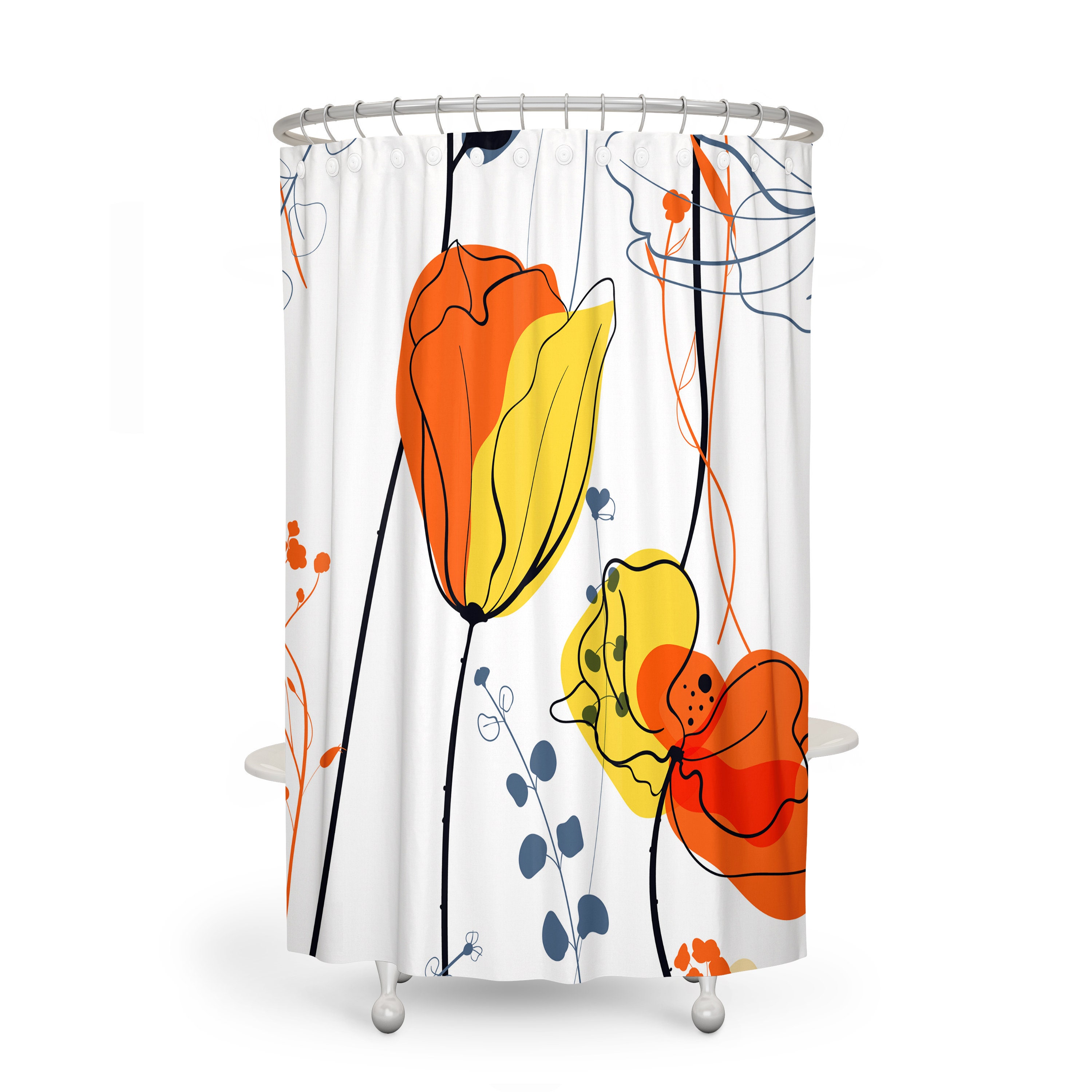 Mod Floral Shower Curtain - Contemporary Fabric Bath Curtain with Optional Towels and Mat for Modern Bathroom Decor - Image 2
