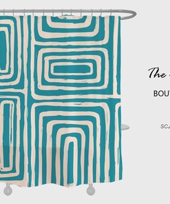 Modern Abstract Shower Curtain, Blue Lines Polyester Fabric with Hooks, Waterproof Bath Decor