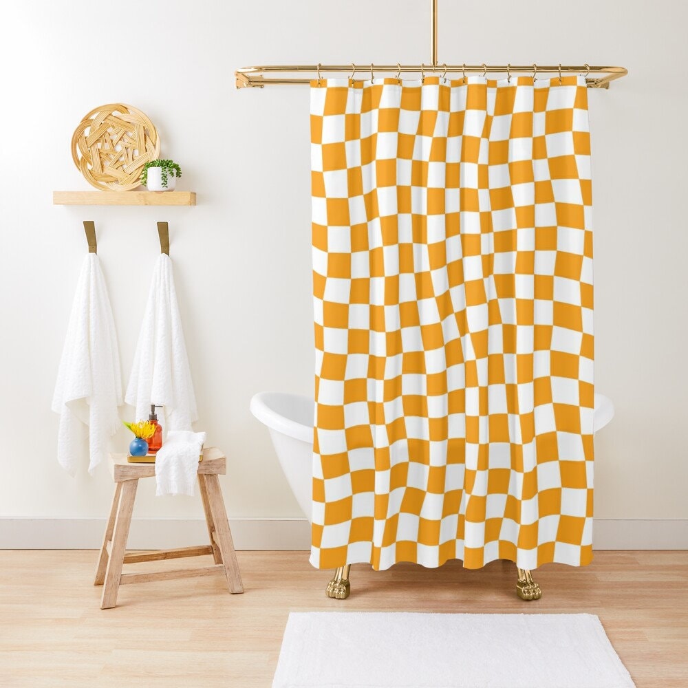 Modern Abstract Shower Curtain with Orange Squares - Eco-Friendly and Waterproof, Includes Hooks