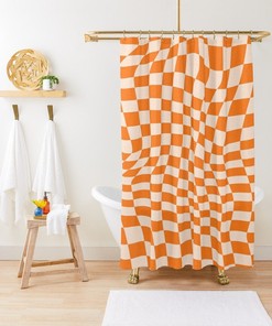 Modern Abstract Shower Curtain with Orange Squares - Eco-Friendly and Waterproof, Includes Hooks