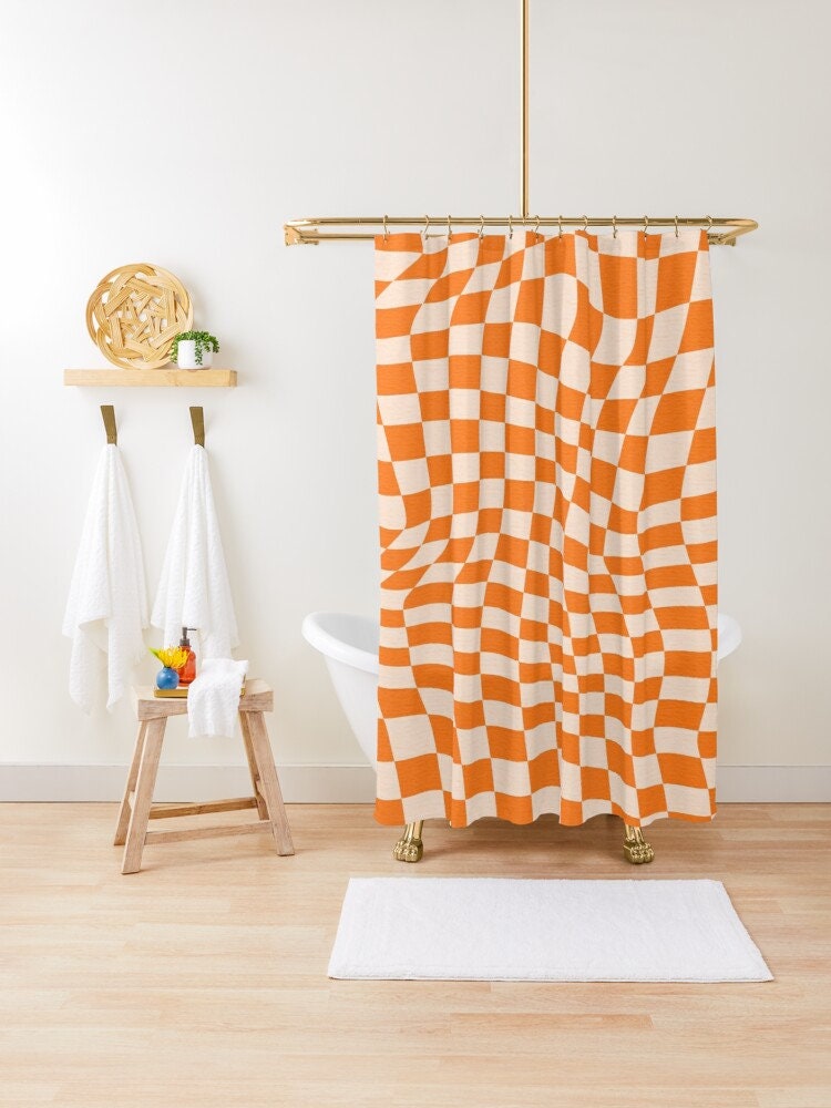Modern Abstract Shower Curtain with Orange Squares - Eco-Friendly and Waterproof, Includes Hooks - Image 2