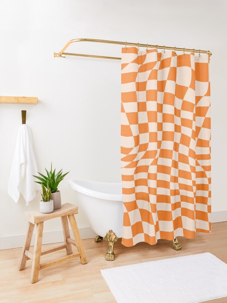 Modern Abstract Shower Curtain with Orange Squares - Eco-Friendly and Waterproof, Includes Hooks - Image 3