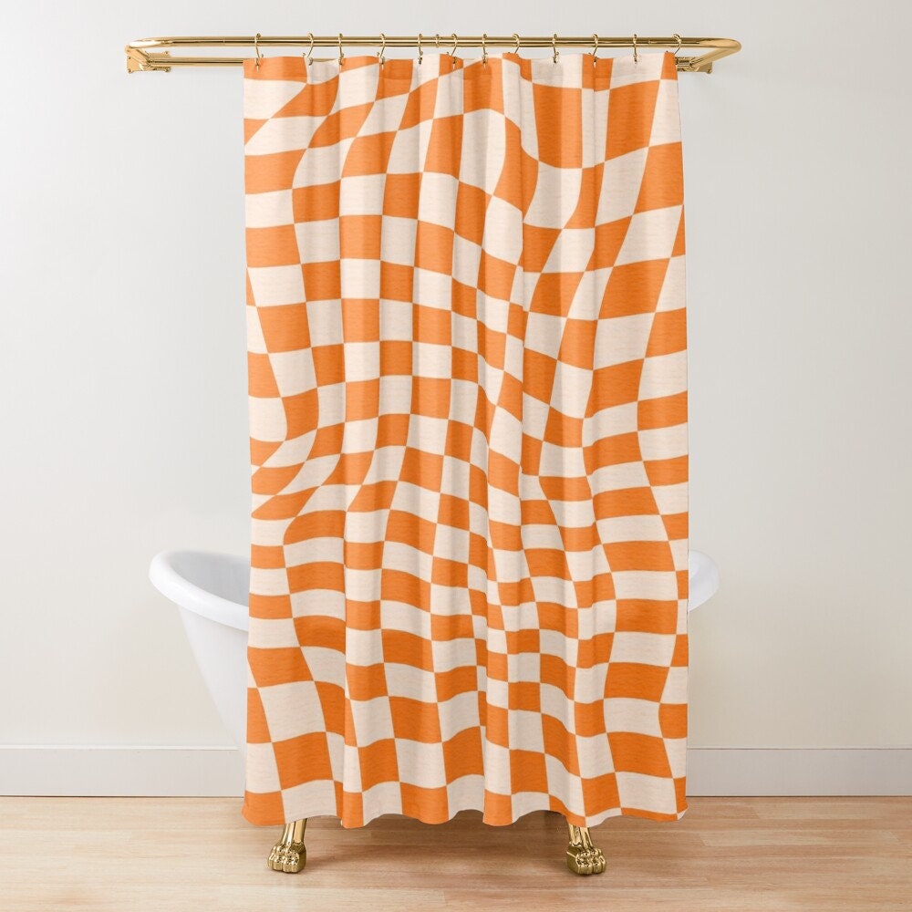 Modern Abstract Shower Curtain with Orange Squares - Eco-Friendly and Waterproof, Includes Hooks - Image 4