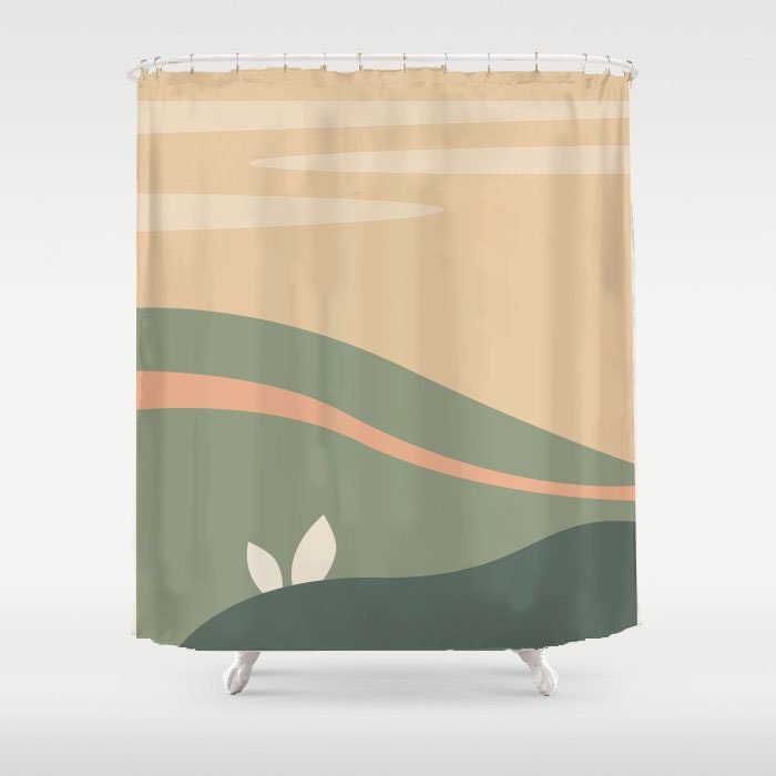 Modern Art Landscape Shower Curtain - Green Field Creme Himmel Design - Waterproof with Custom Sizes - Image 2