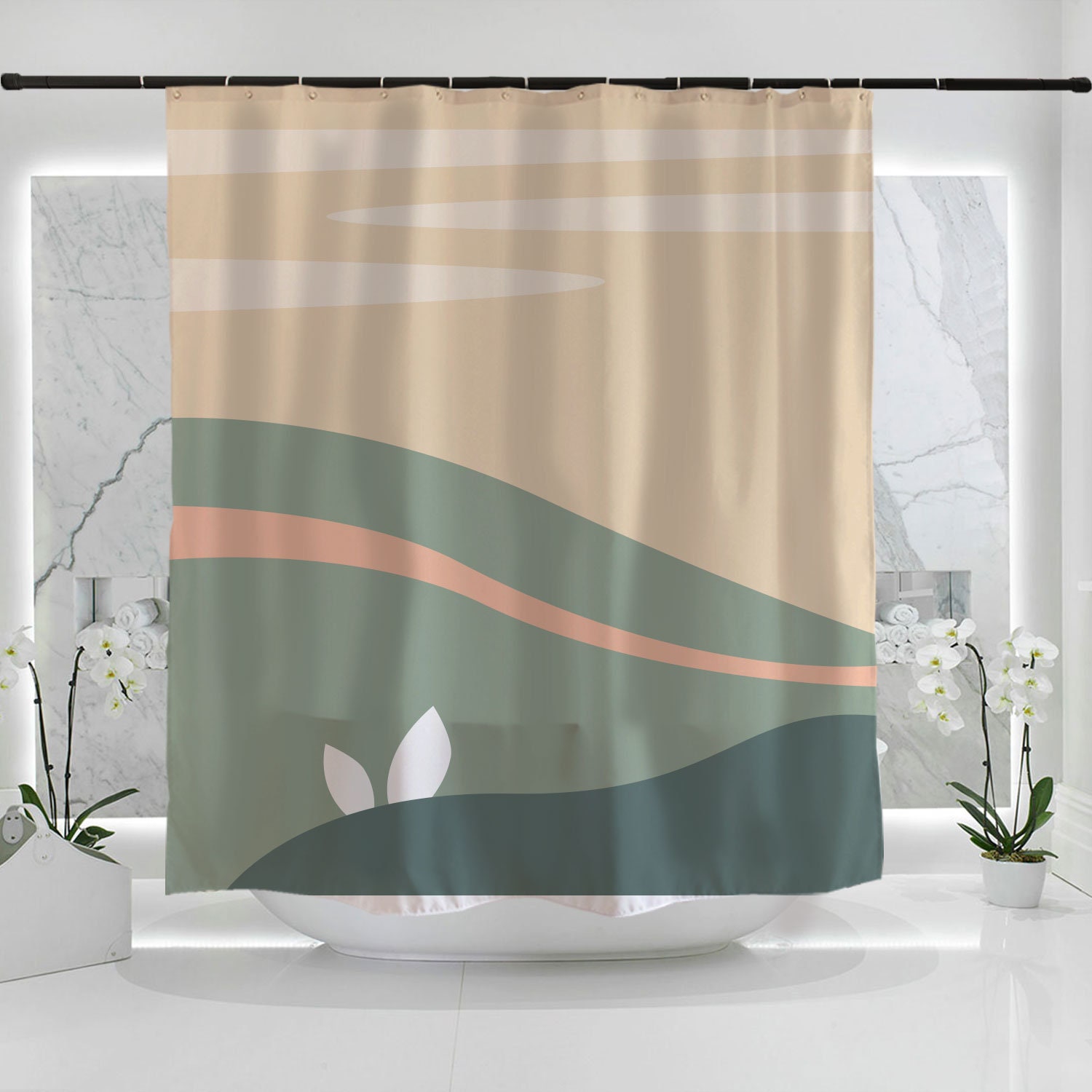 Modern Art Landscape Shower Curtain - Green Field Creme Himmel Design - Waterproof with Custom Sizes - Image 3
