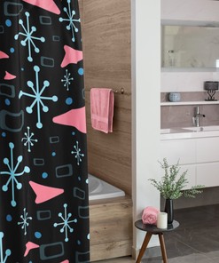 Modern Black and White Mid Century Inspired Shower Curtain for 50s Style Bathroom