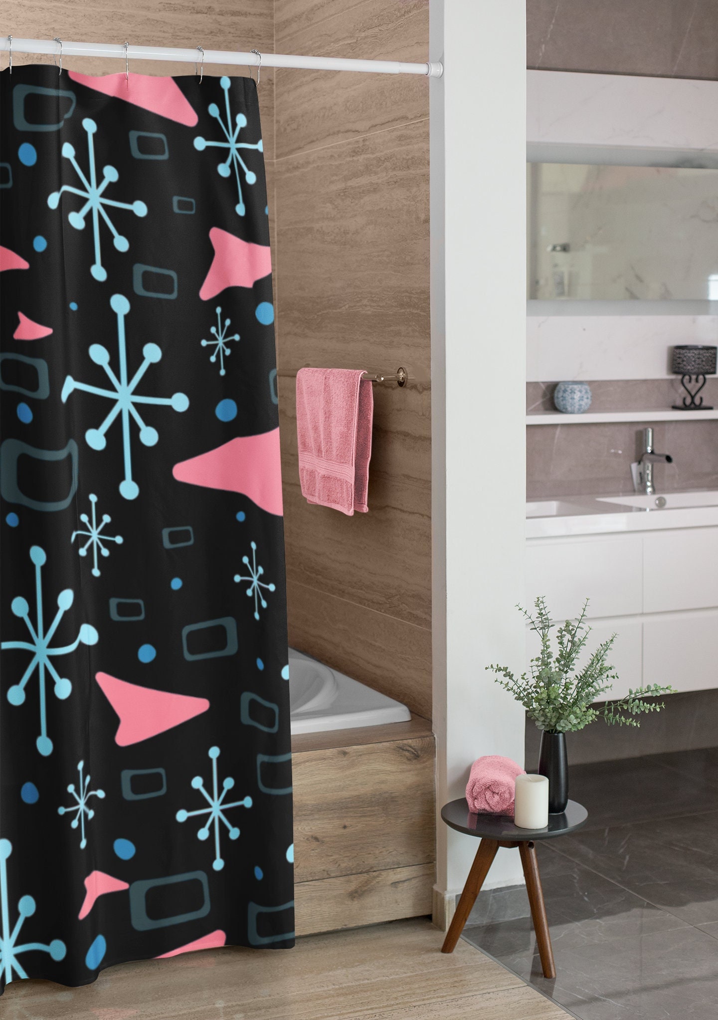 Modern Black and White Mid Century Inspired Shower Curtain for 50s Style Bathroom