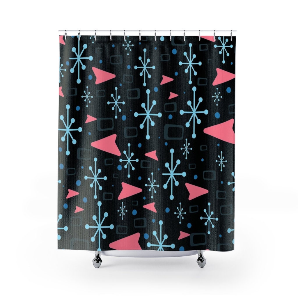 Modern Black and White Mid Century Inspired Shower Curtain for 50s Style Bathroom - Image 2