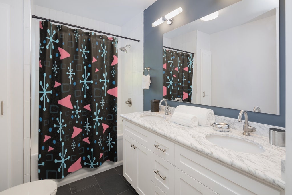 Modern Black and White Mid Century Inspired Shower Curtain for 50s Style Bathroom - Image 3