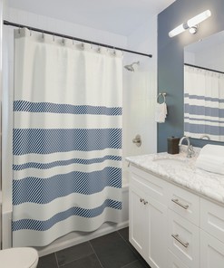 Modern Blue and White Striped Shower Curtain with Geometric Touch
