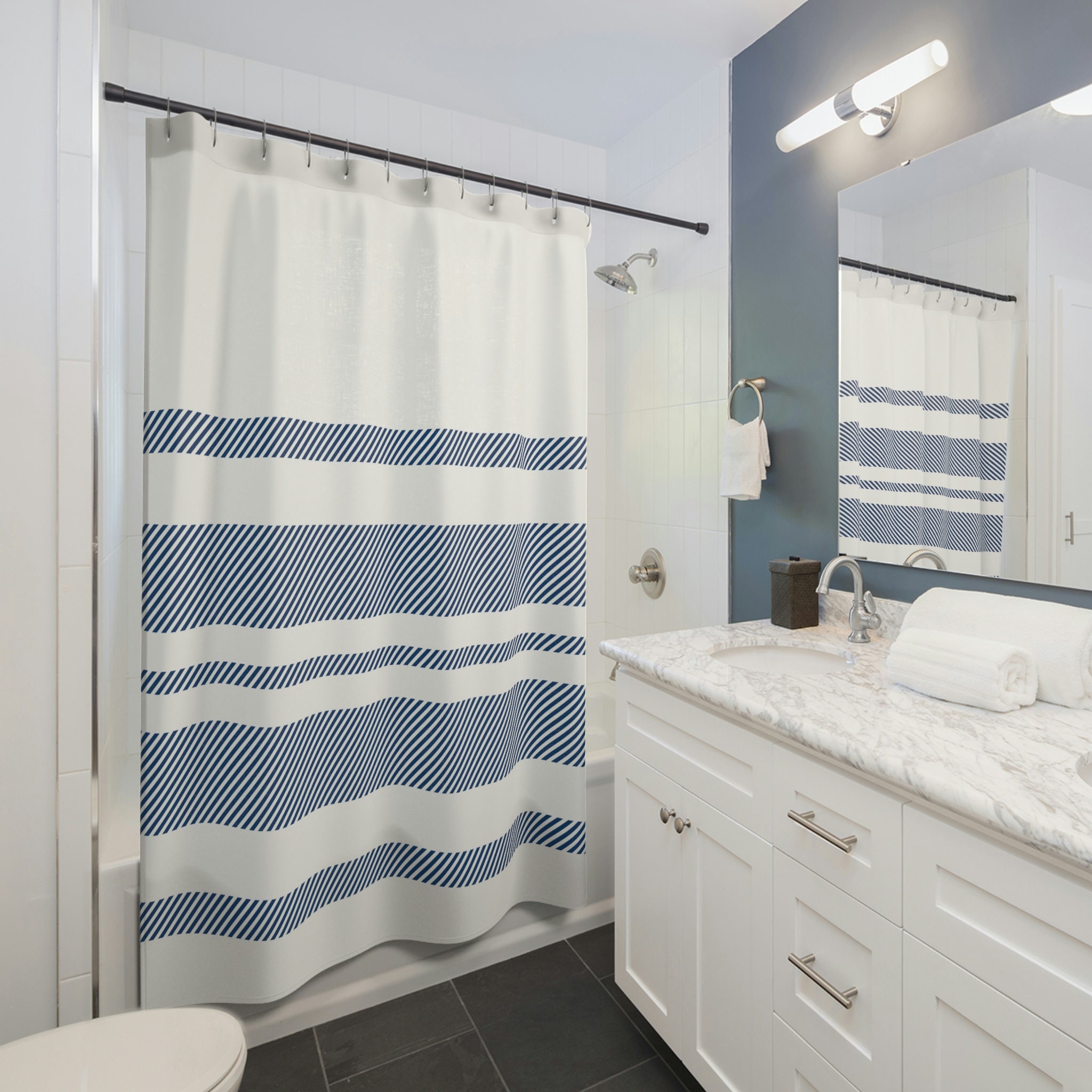 Modern Blue and White Striped Shower Curtain with Geometric Touch