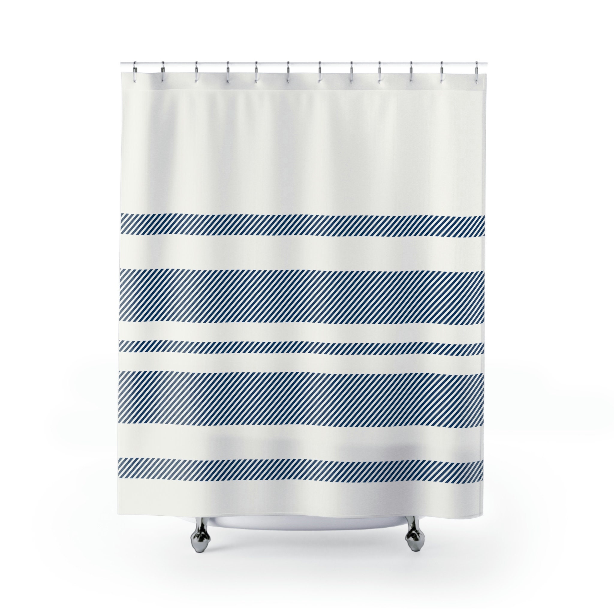 Modern Blue and White Striped Shower Curtain with Geometric Touch - Image 2