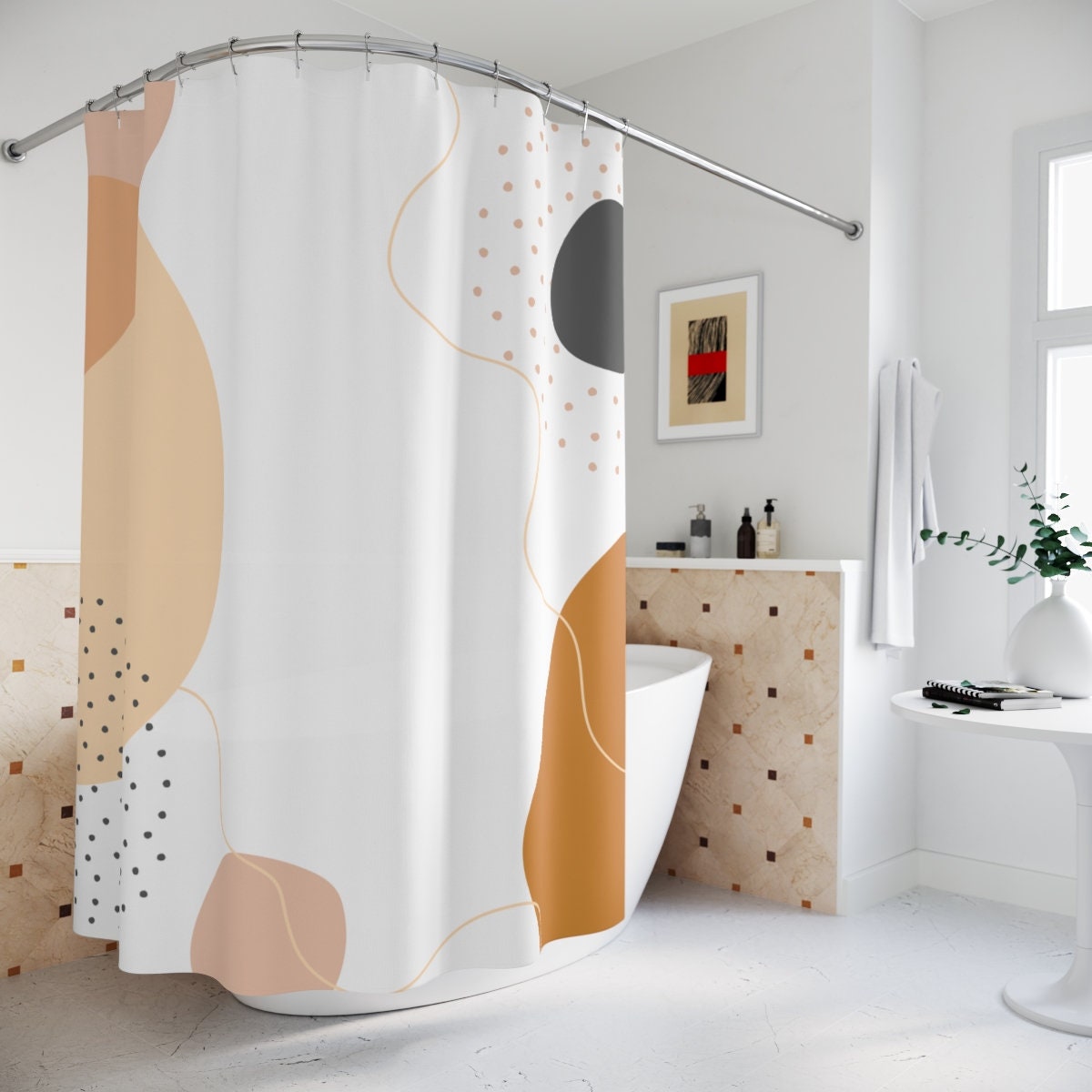 Modern Boho Abstract Circles Shower Curtain, Blue Orange Lake Designer, Bathroom Curtain, Minimalist Mint Home Art