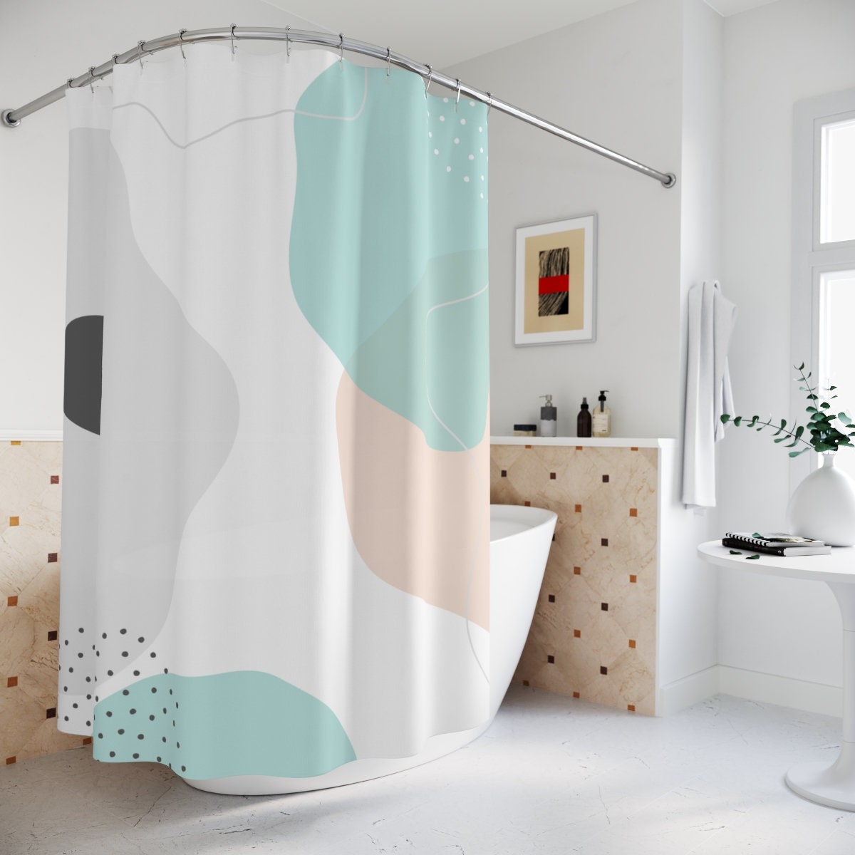 Modern Boho Abstract Circles Shower Curtain, Blue Orange Lake Designer, Bathroom Curtain Restroom Shower Curtains