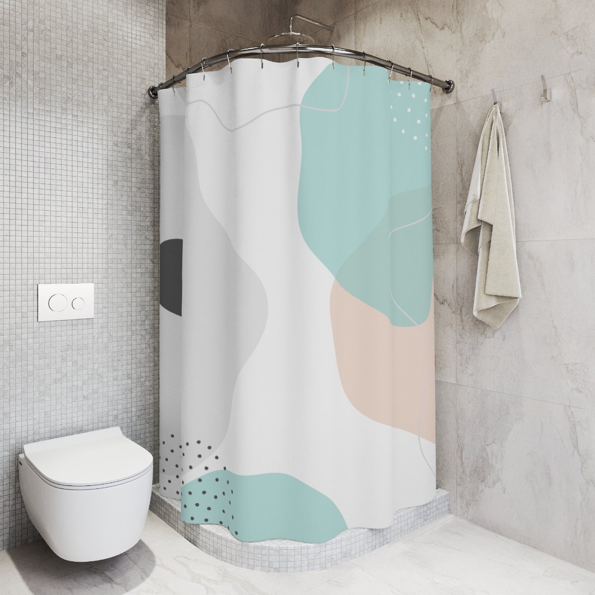 Modern Boho Abstract Circles Shower Curtain, Blue Orange Lake Designer, Bathroom Curtain Restroom Shower Curtains - Image 2