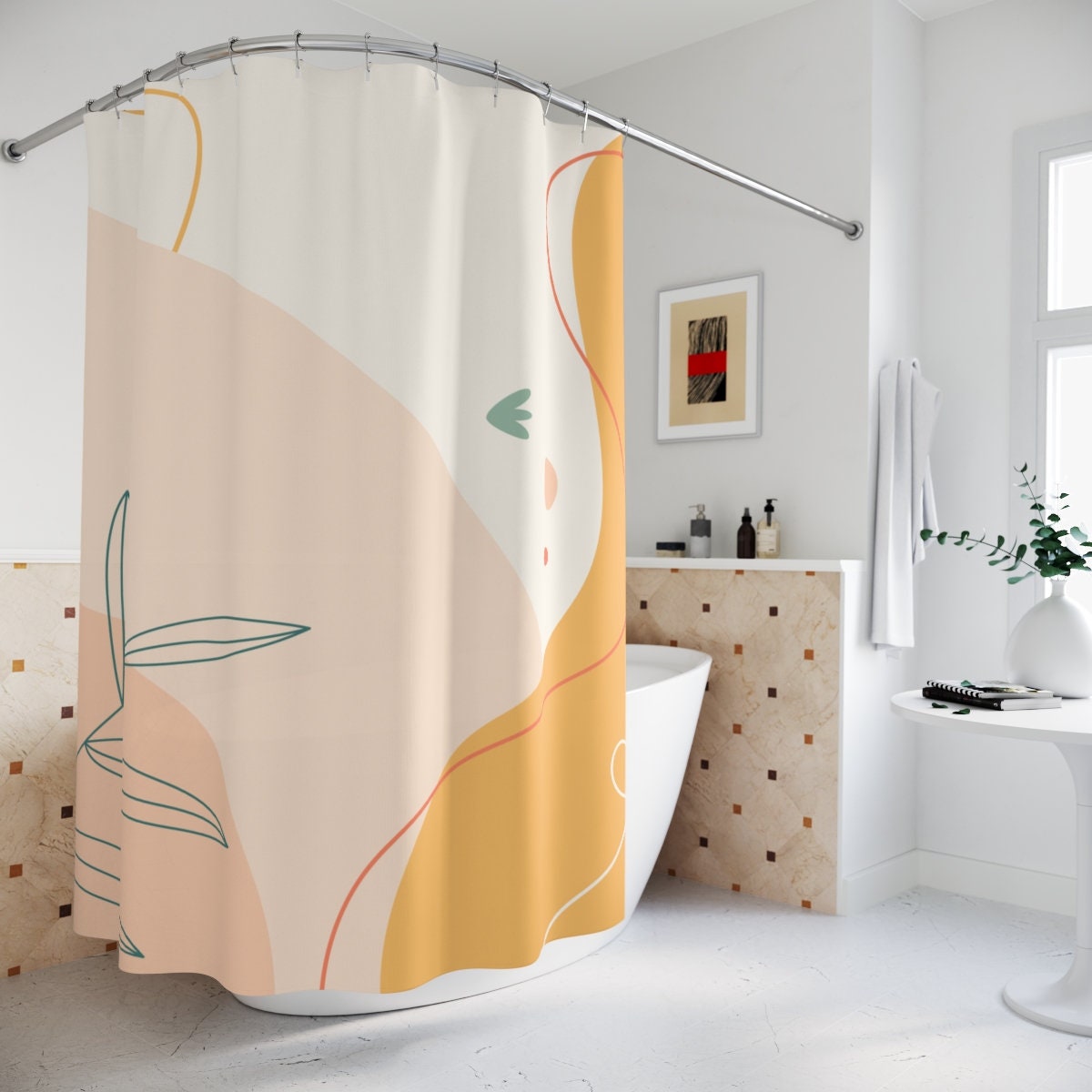 Modern Boho Abstract Flowers Shower Curtain or Mat, Orange Lake Designer Curtain, Bathroom Curtain