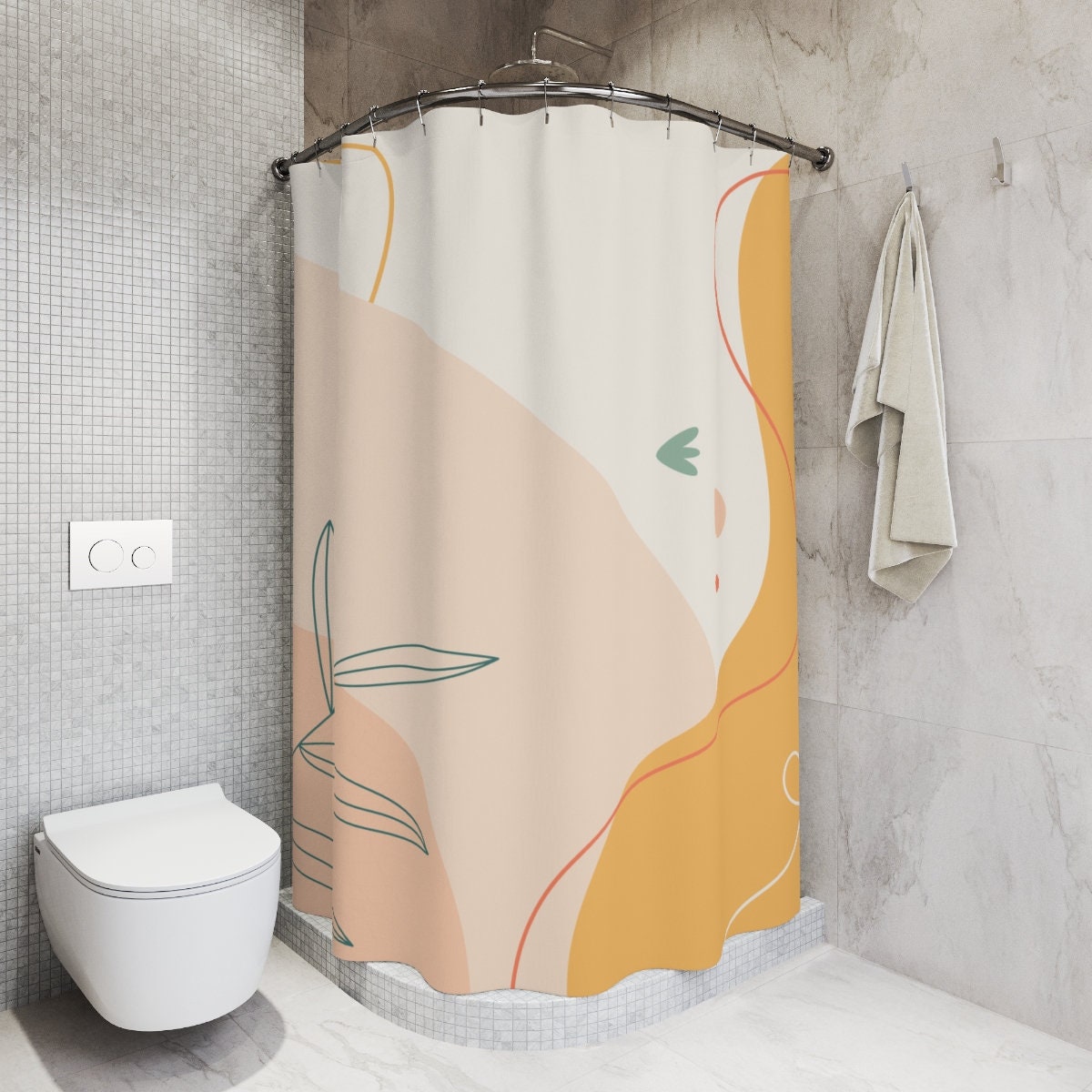 Modern Boho Abstract Flowers Shower Curtain or Mat, Orange Lake Designer Curtain, Bathroom Curtain - Image 2