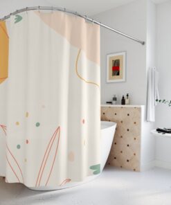 Modern Boho Abstract Flowers Shower Curtain or Mat, Orange Lake Designer Curtain, Minimalist Leaf Home Art