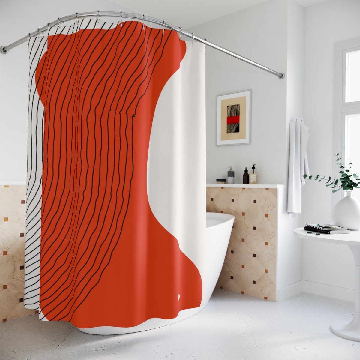Modern Boho Abstract Red Circle Shower Curtain or Mat | Lakehouse Design | Bathroom Curtain | Minimalist Home Art