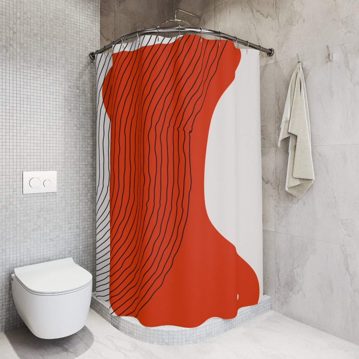 Modern Boho Abstract Red Circle Shower Curtain or Mat | Lakehouse Design | Bathroom Curtain | Minimalist Home Art - Image 2