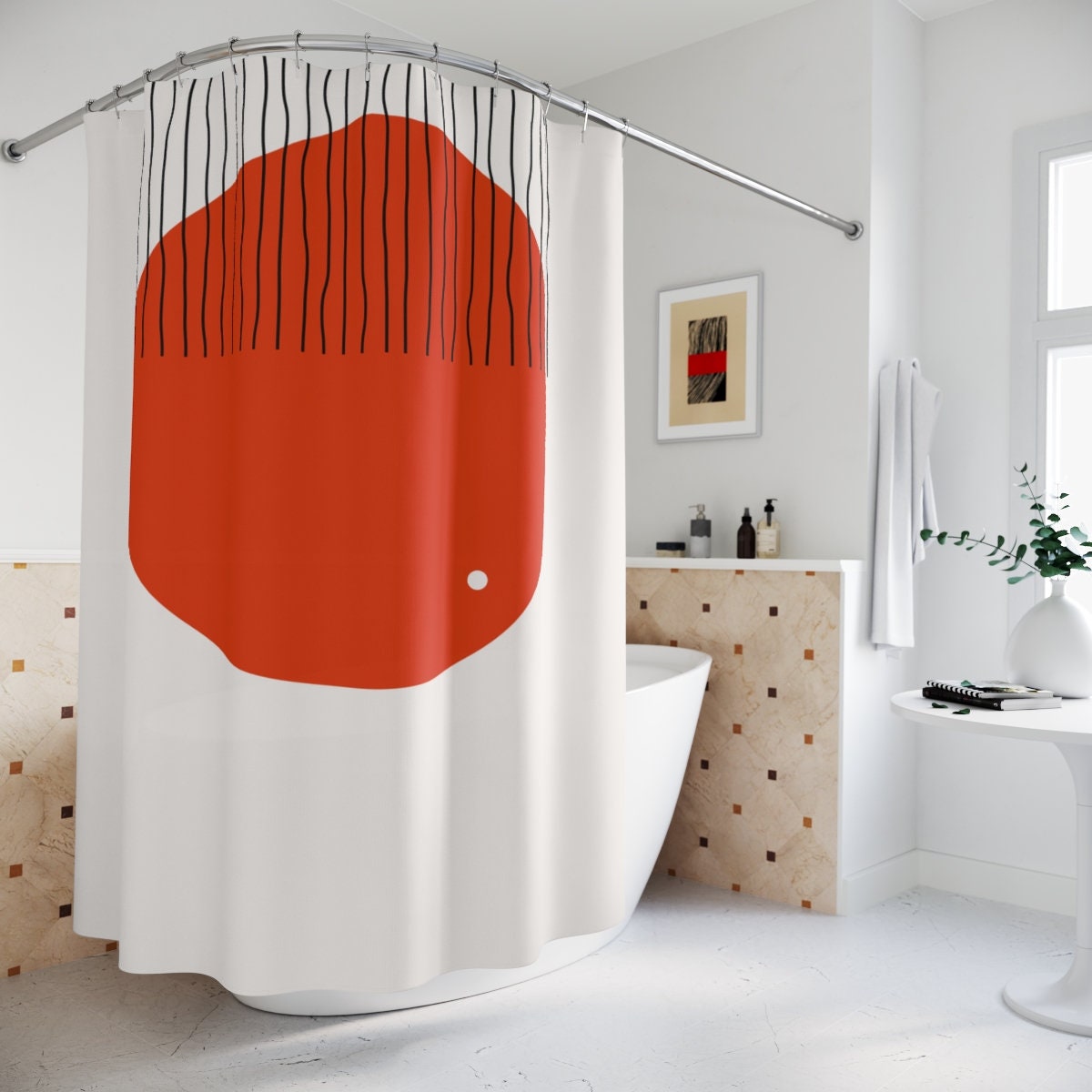 Modern Boho Abstract Red Circle Shower Curtain or Mat, Modern Pal Minimal, Lakehouse Design