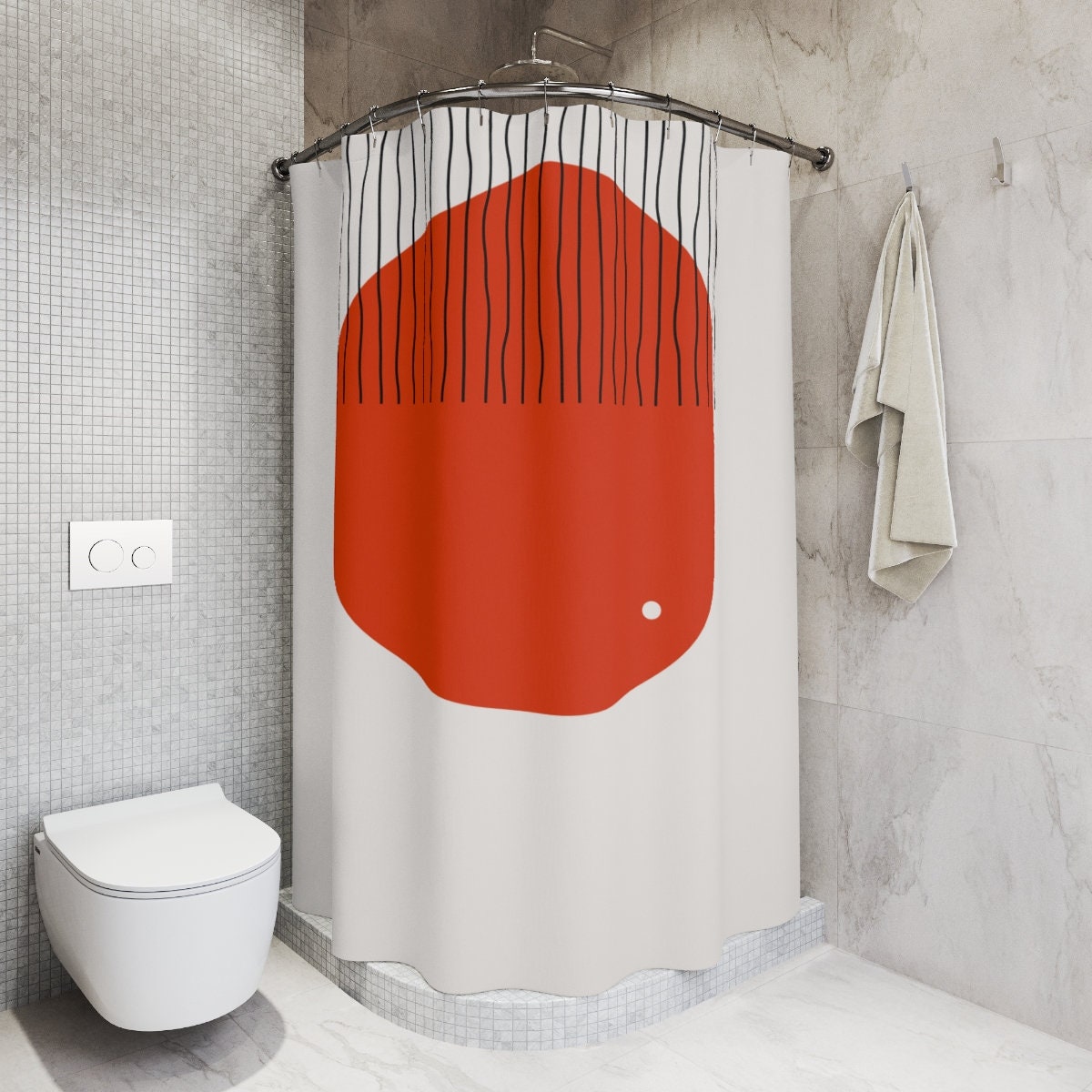 Modern Boho Abstract Red Circle Shower Curtain or Mat, Modern Pal Minimal, Lakehouse Design - Image 2