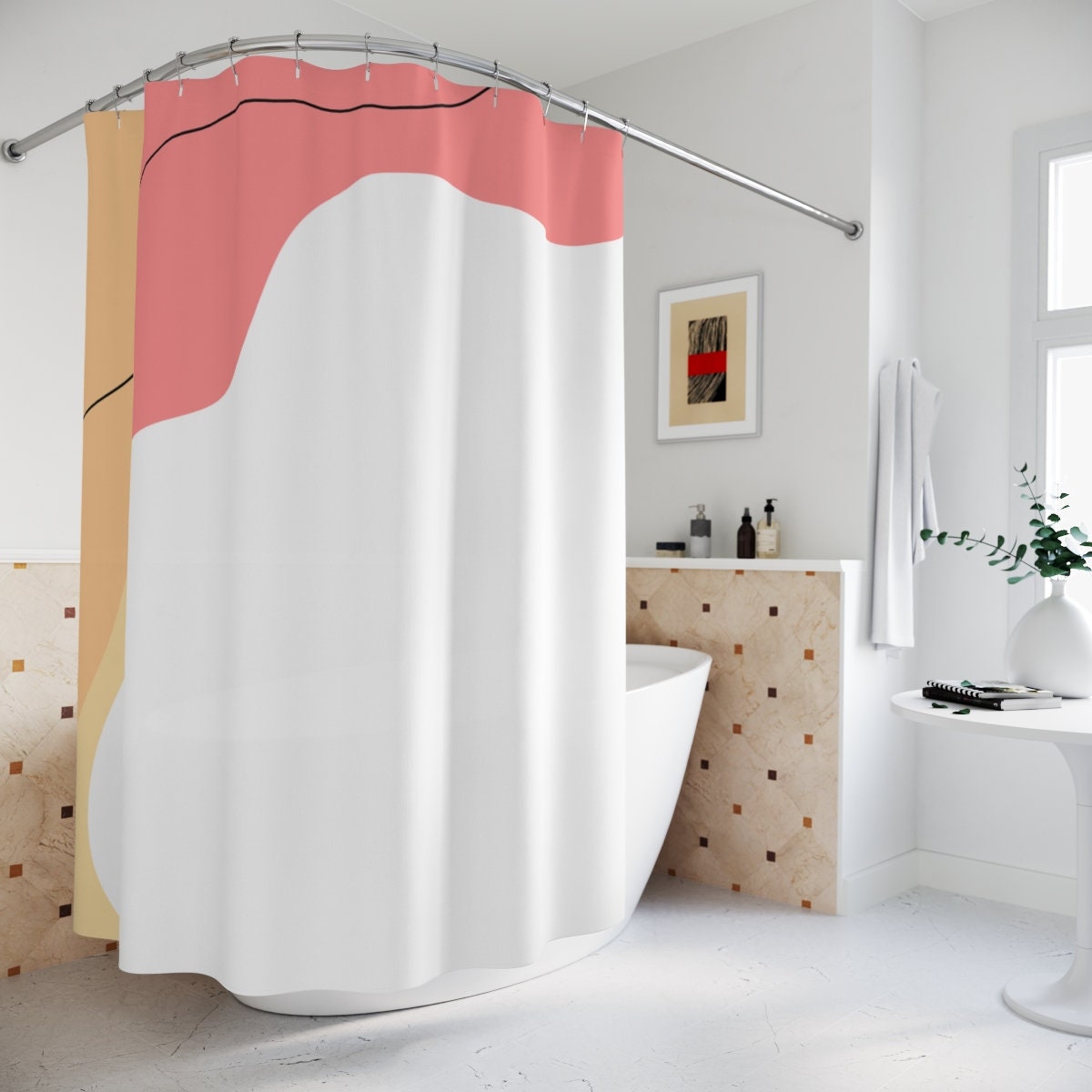 Modern Boho Abstract Waves Shower Curtain, Blue Orange Lake Designer Curtain, Bathroom Curtain